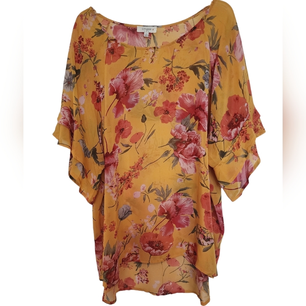 UMGEE+ Sheer Orange Red Floral Scoop Neckline Ruffle Sleeve Pullover Top 1XL
